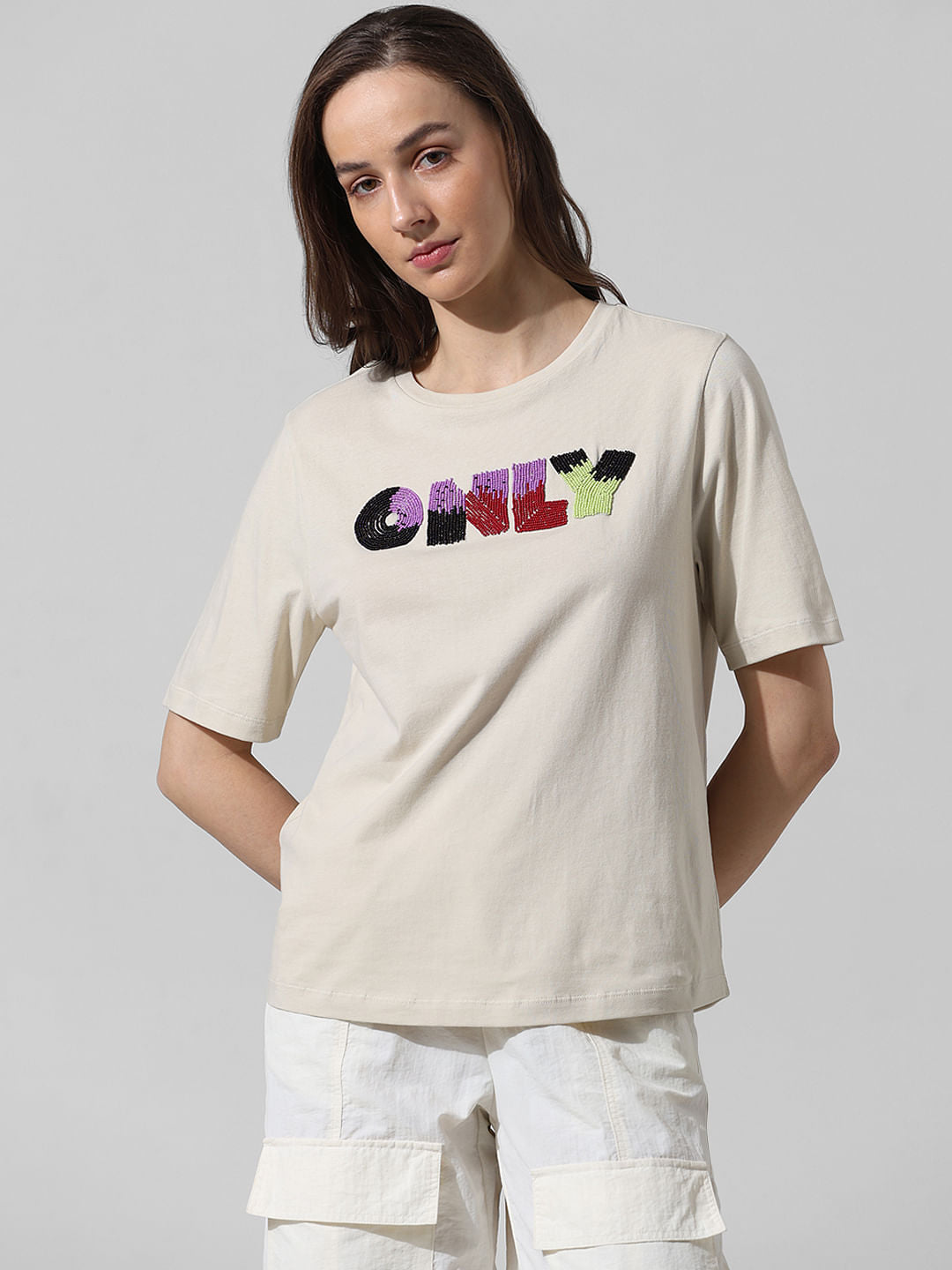 Beige Bead Decorated Cotton T-Shirt