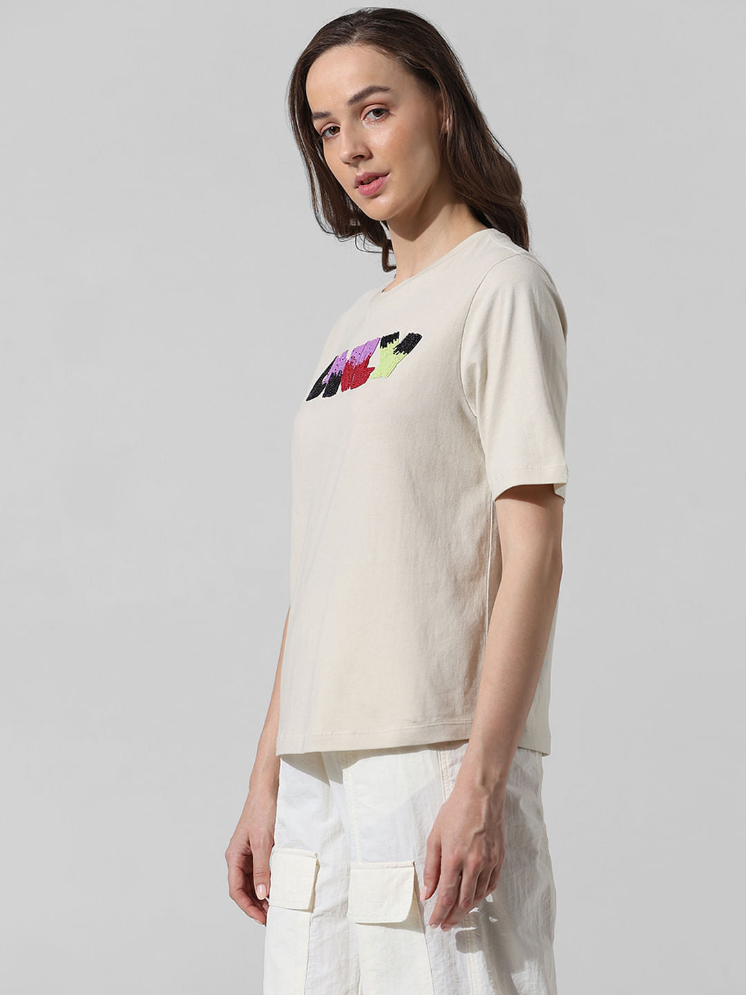 Beige Bead Decorated Cotton T-Shirt