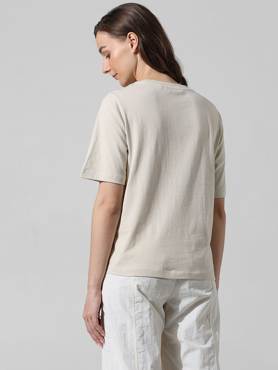 Beige Bead Decorated Cotton T-Shirt