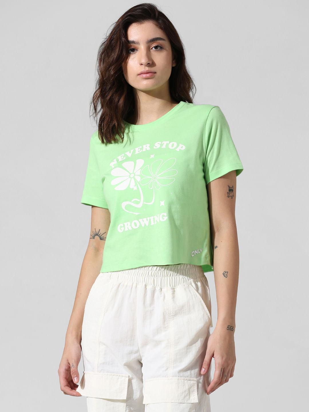 Green Printed Cropped T-Shirt