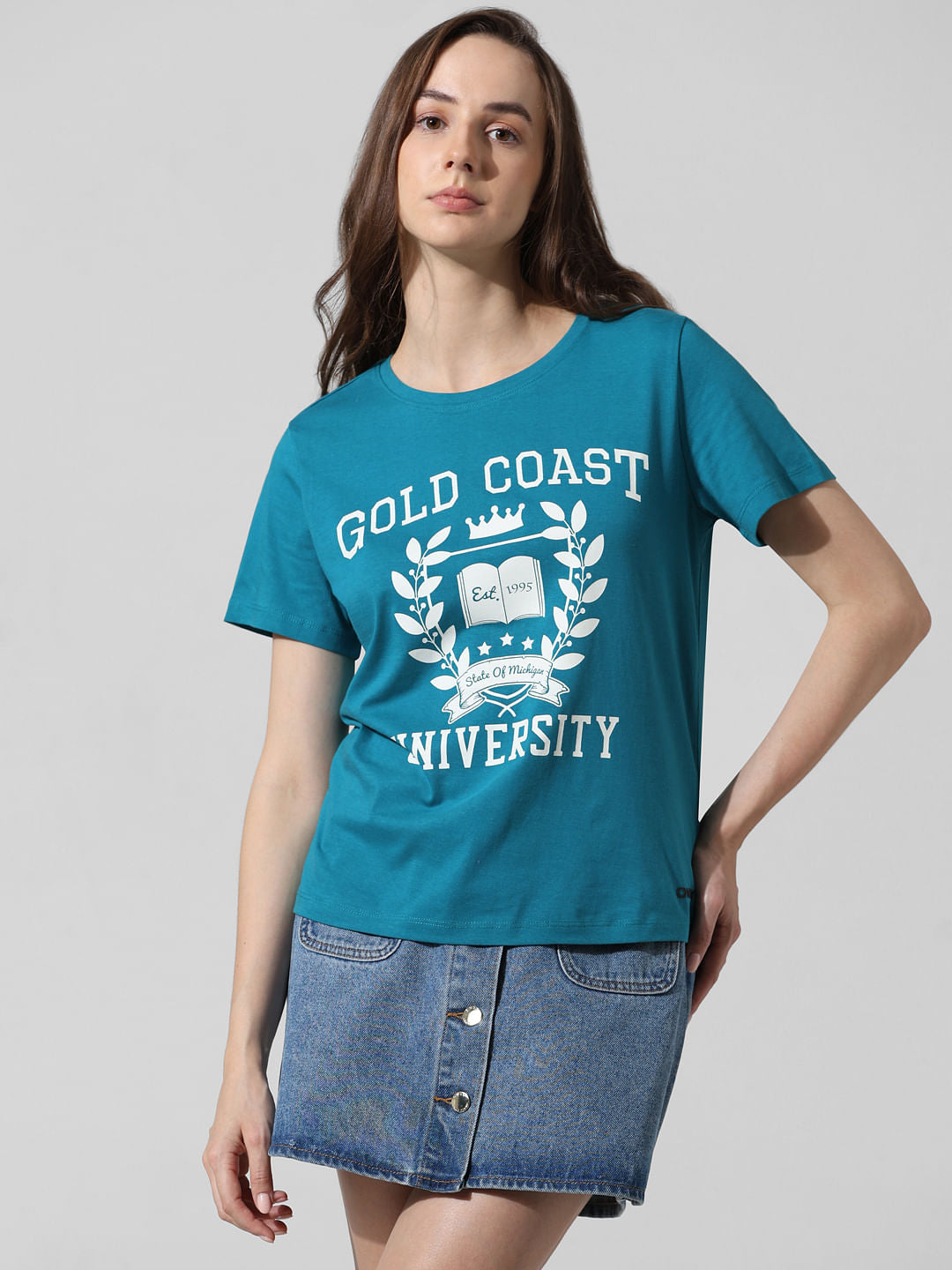 Blue Text Print Cotton T-Shirt