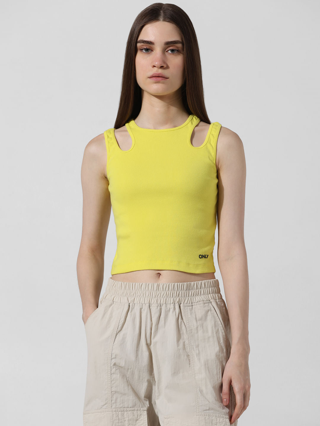Yellow Ribbed Cut-Out Top