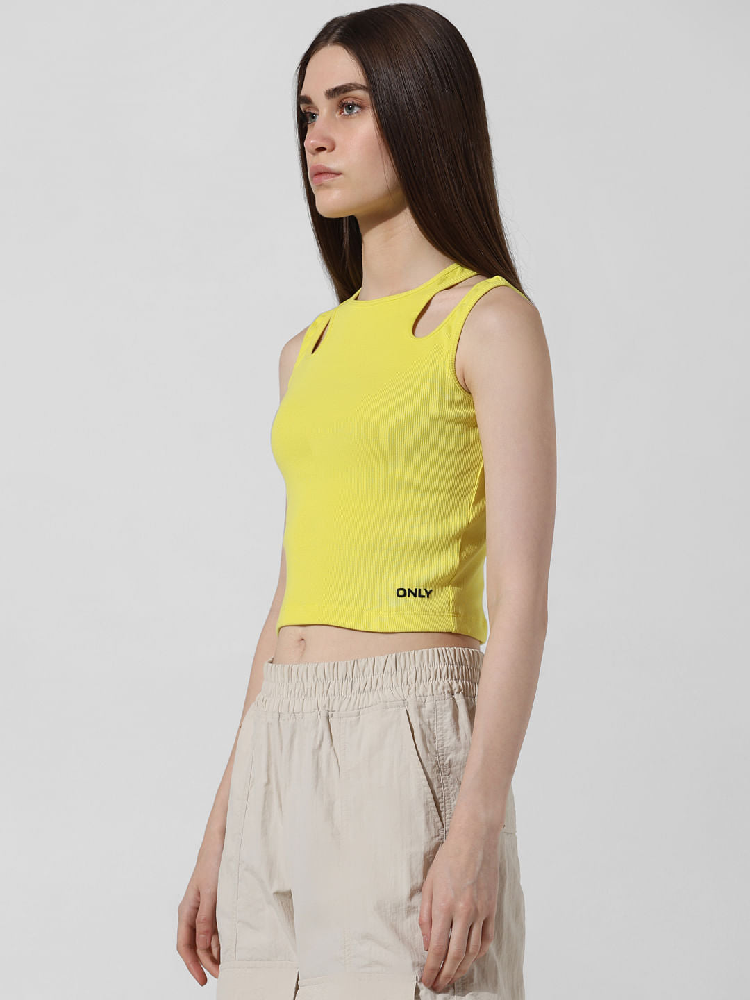 Yellow Ribbed Cut-Out Top
