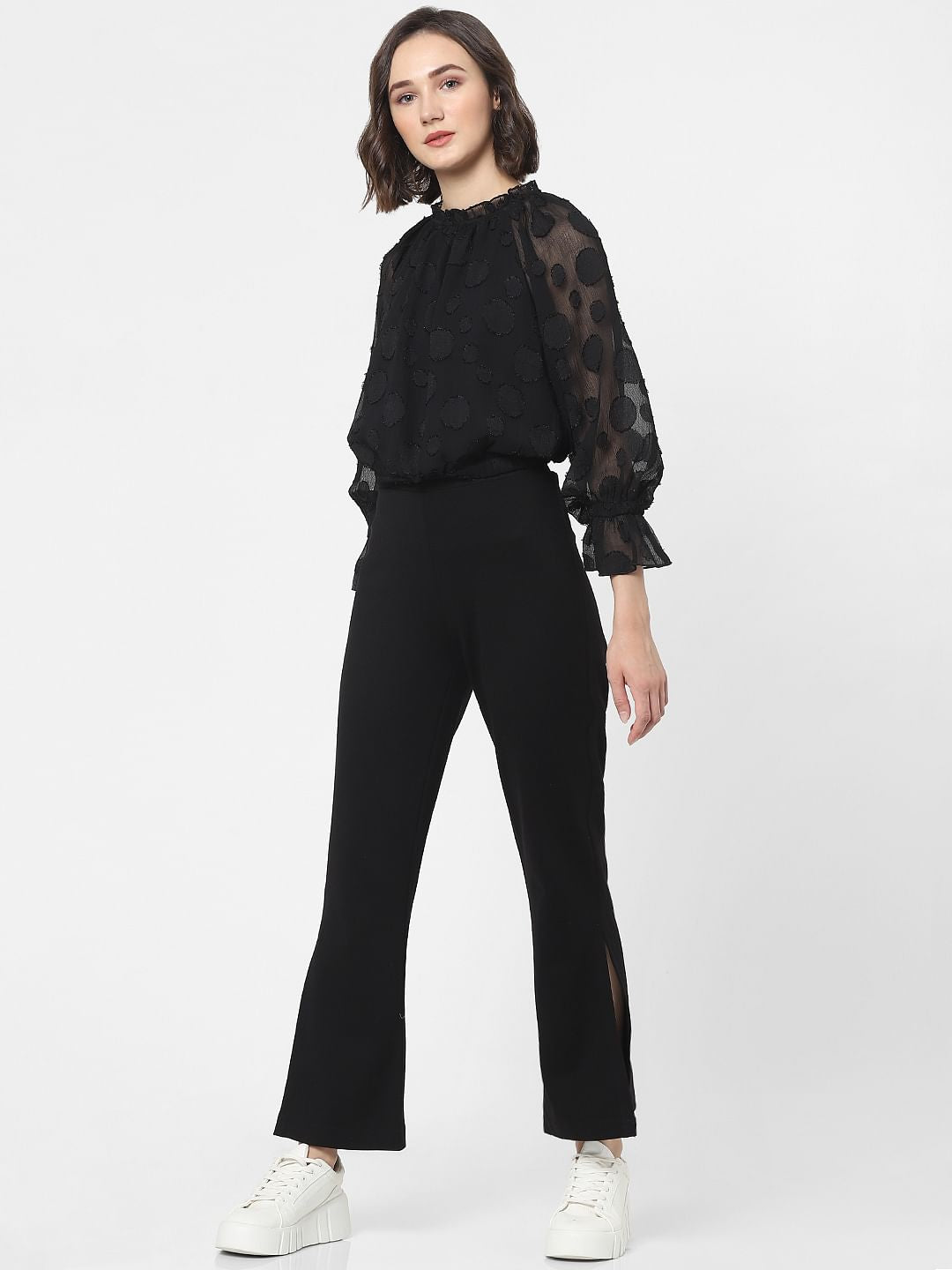 Black Ruffled Polka Dot Top