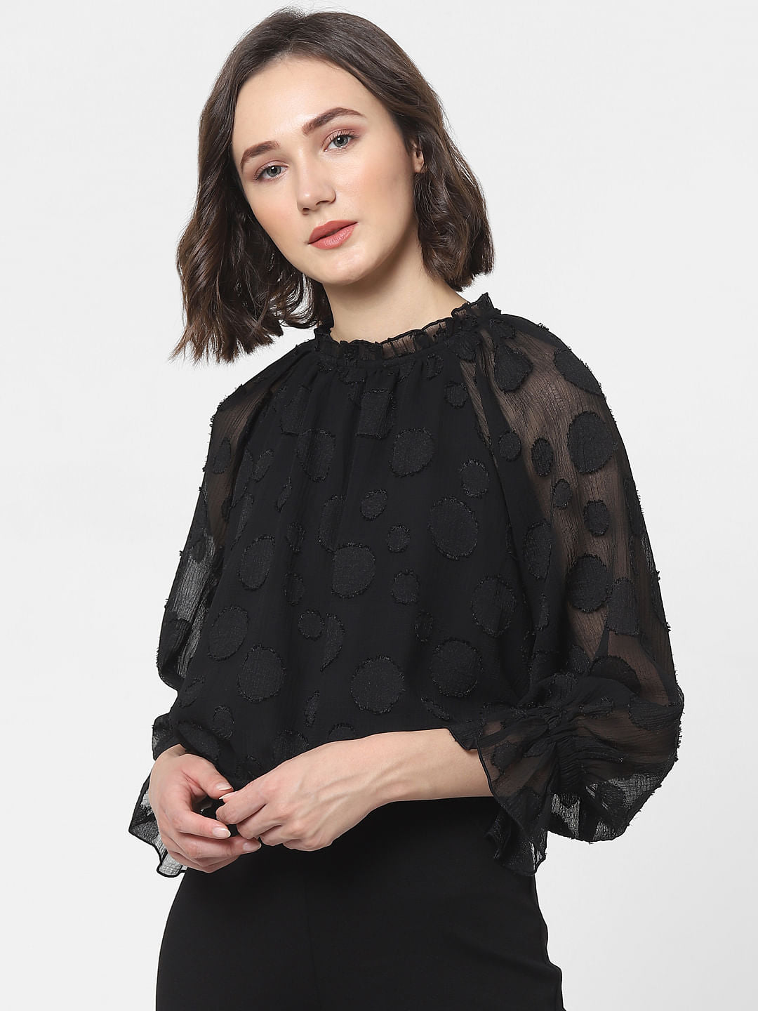 Black Ruffled Polka Dot Top