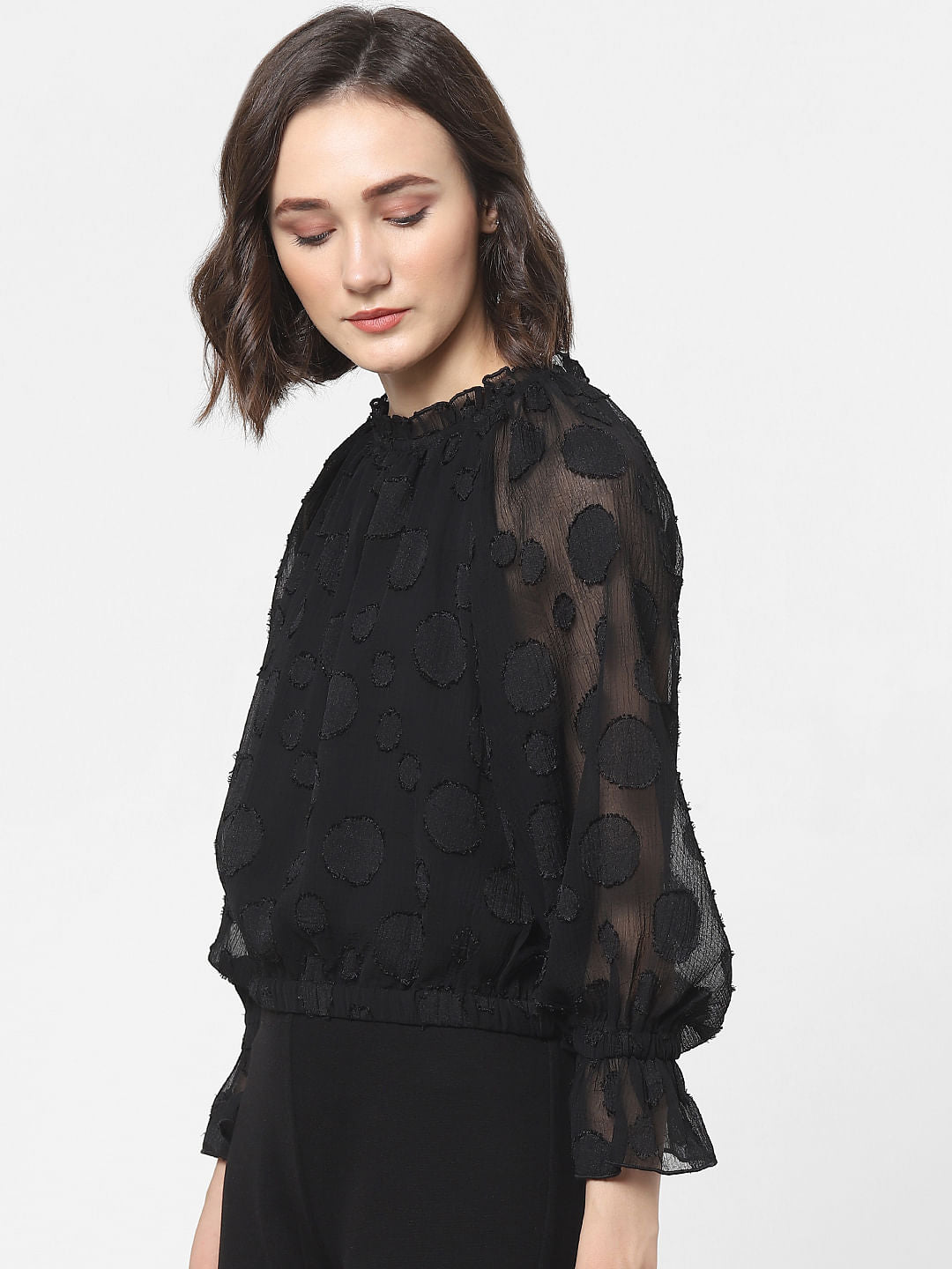 Black Ruffled Polka Dot Top