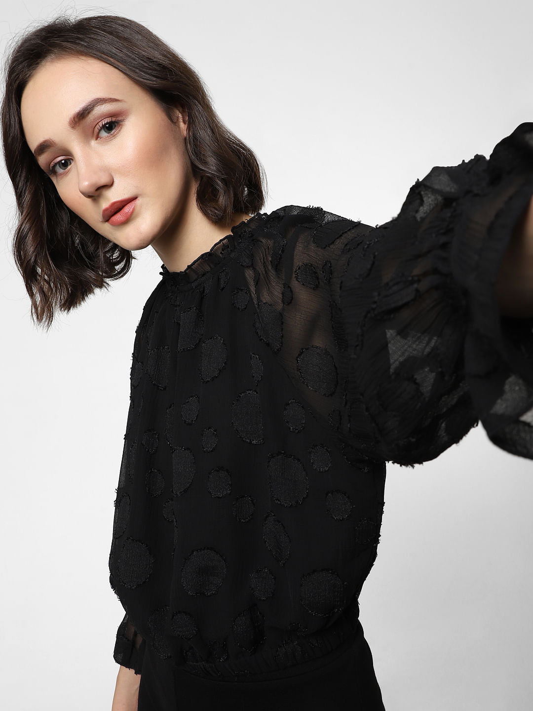 Black Ruffled Polka Dot Top