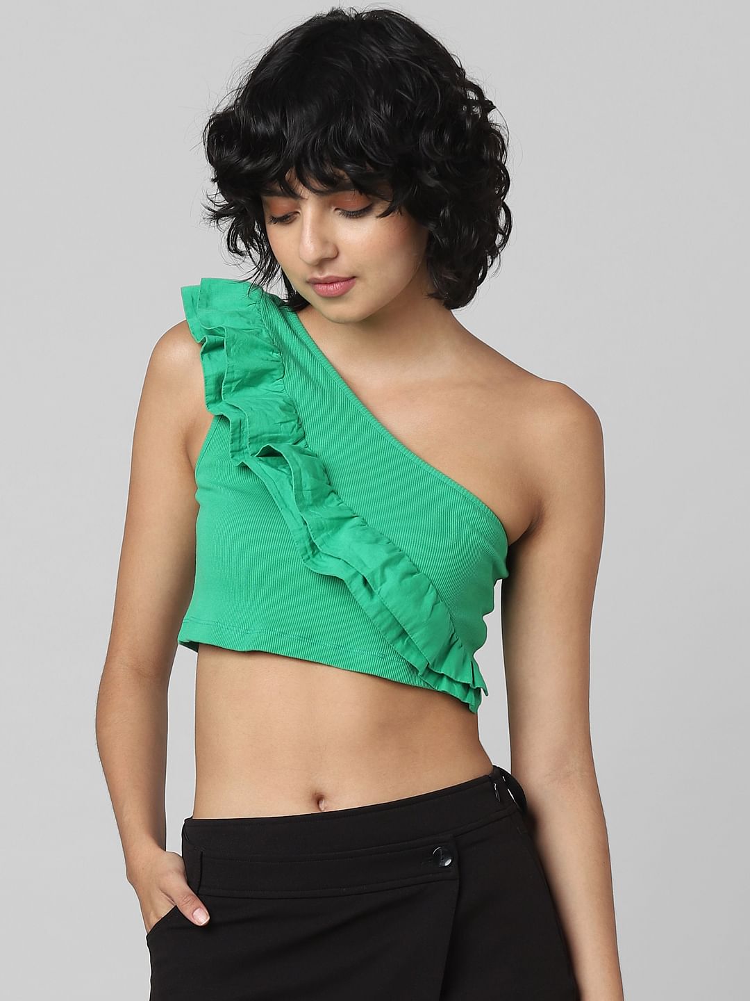 Green One Shoulder Crop Top