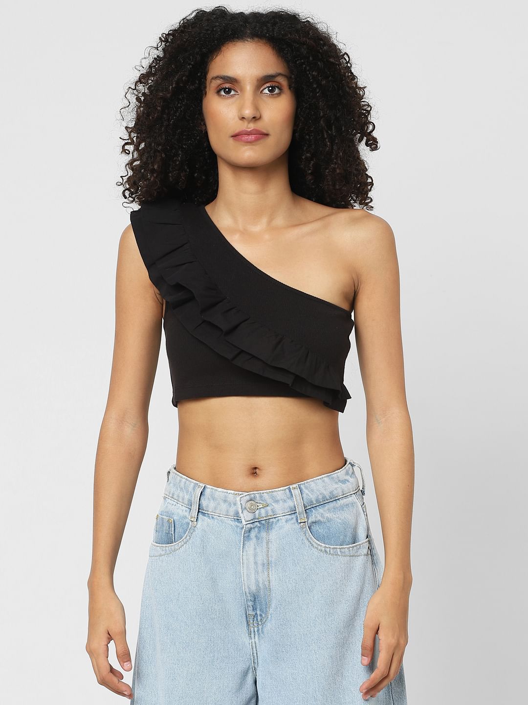 Black One-Shoulder Crop Top