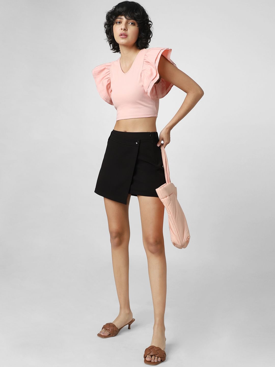 Coral Frill Sleeves Crop Top