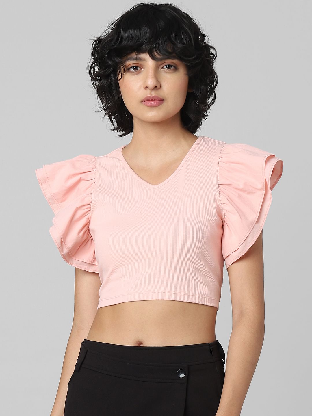 Coral Frill Sleeves Crop Top