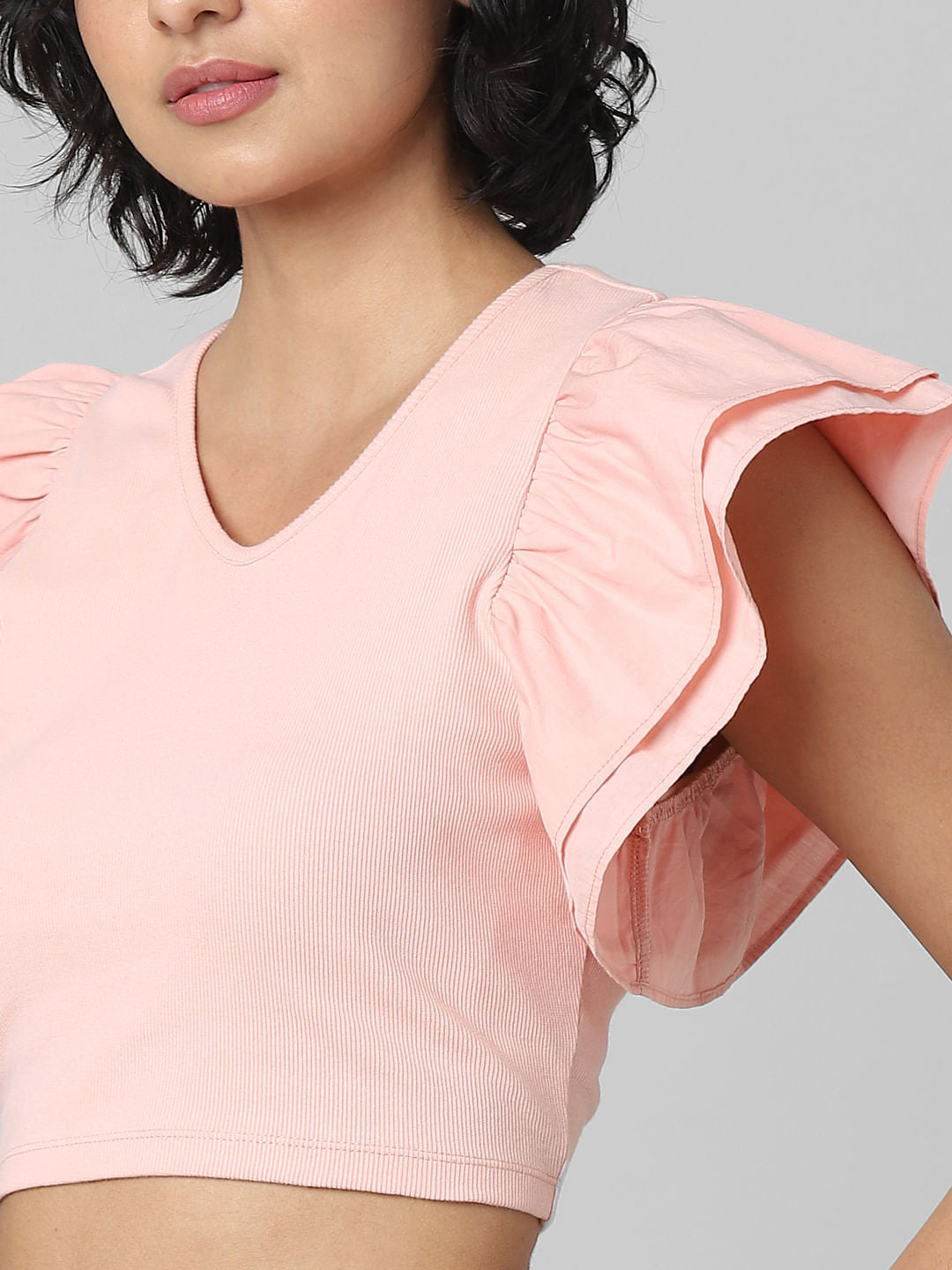 Coral Frill Sleeves Crop Top