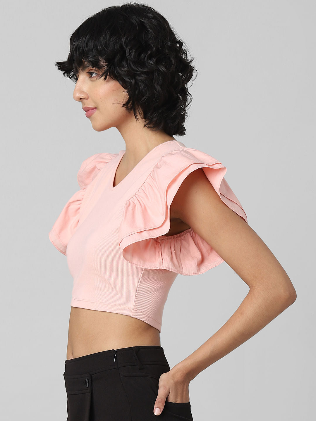 Coral Frill Sleeves Crop Top