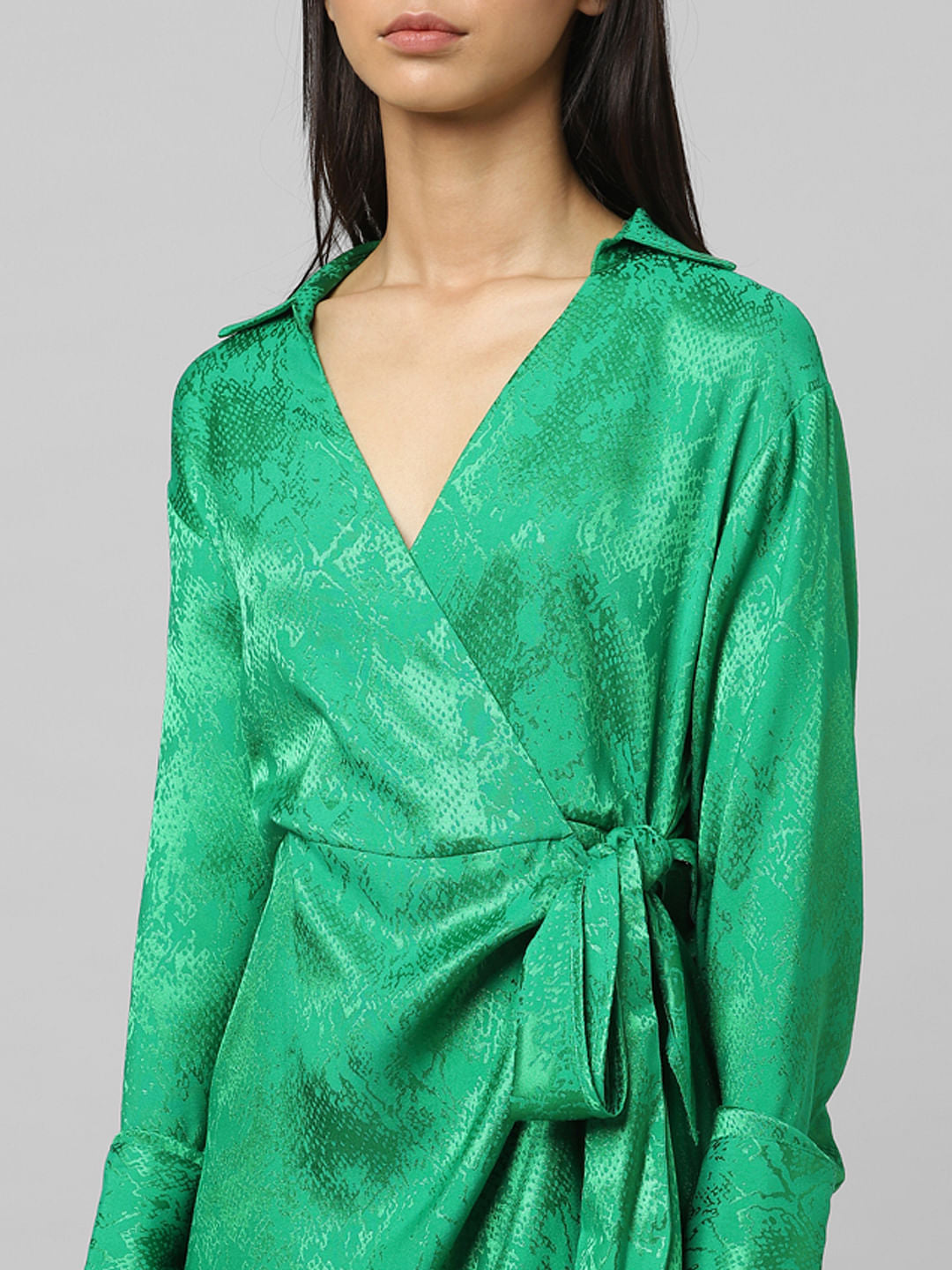 Green Printed Jacquard Wrap Dress