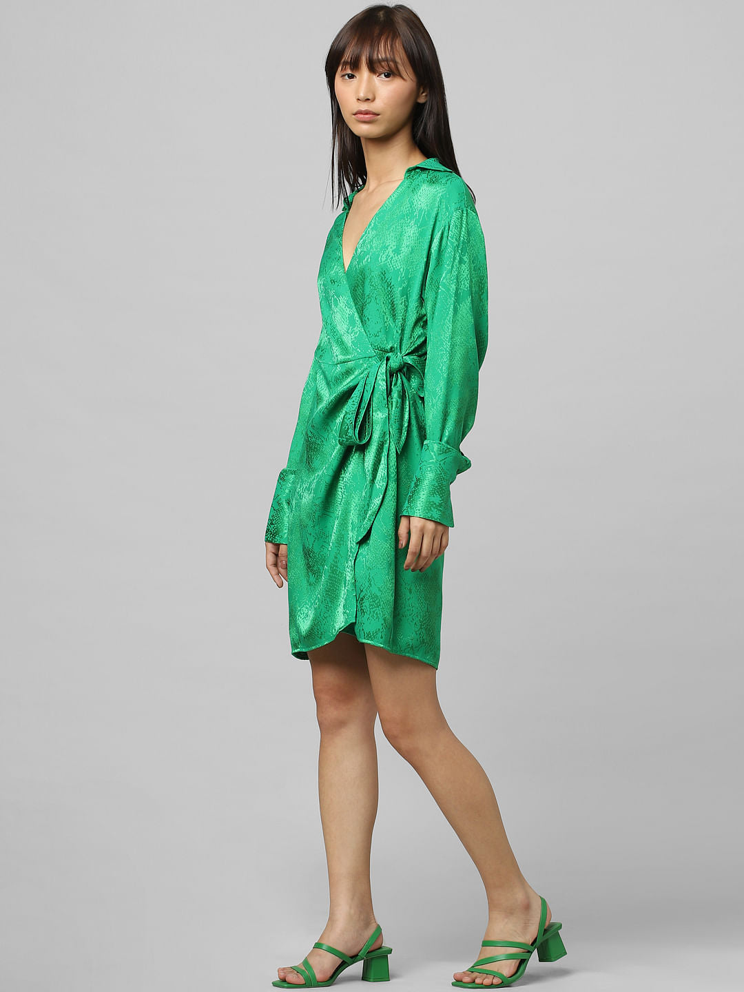 Green Printed Jacquard Wrap Dress