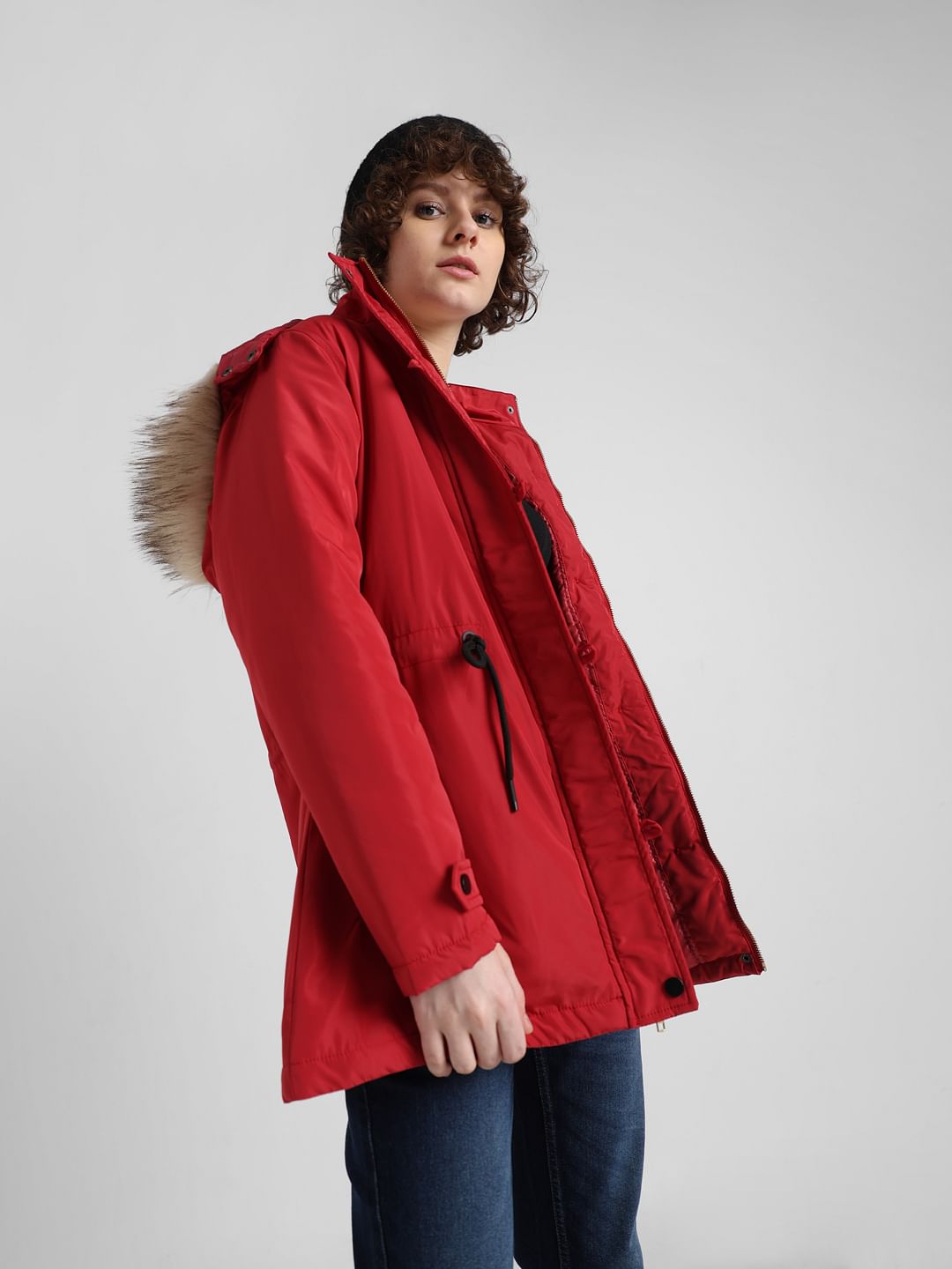 Red Faux Fur Long Parka Jacket