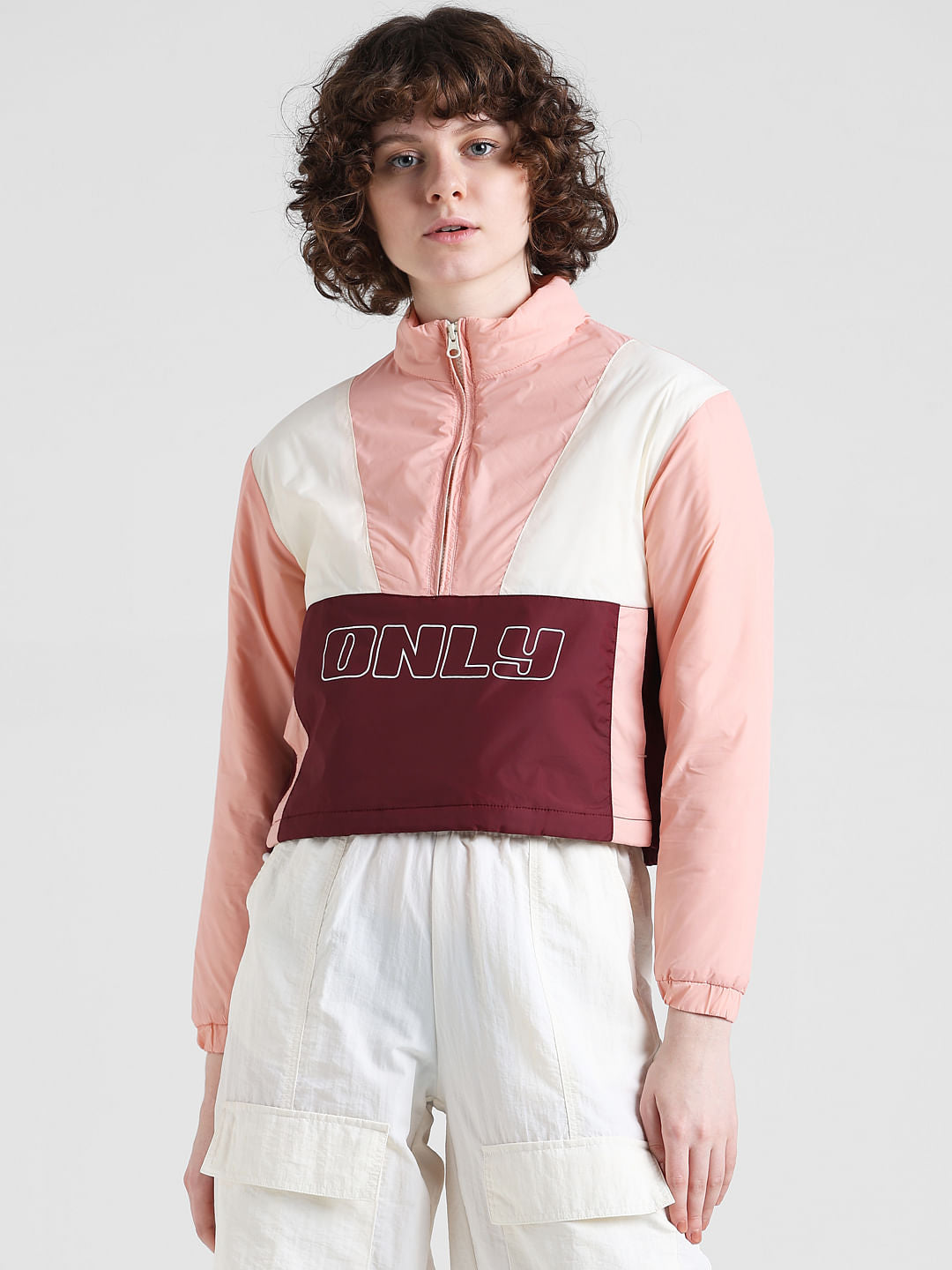 Pink Colourblocked High Neck Jacket