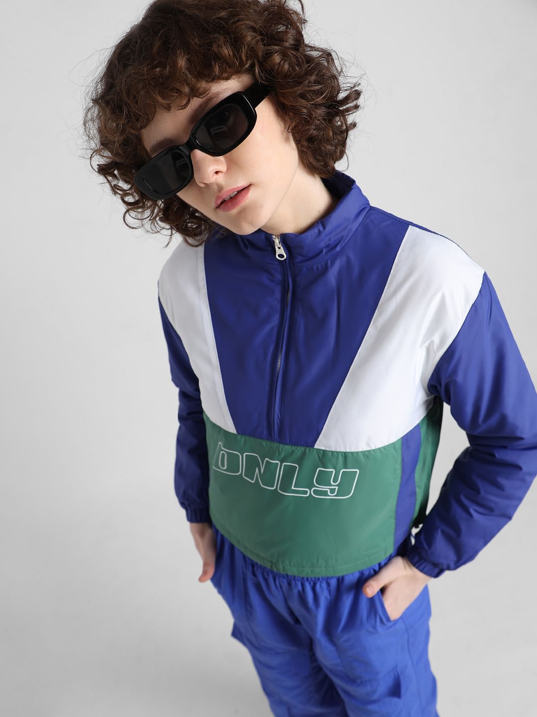 Blue Colourblocked Bomber Jacket