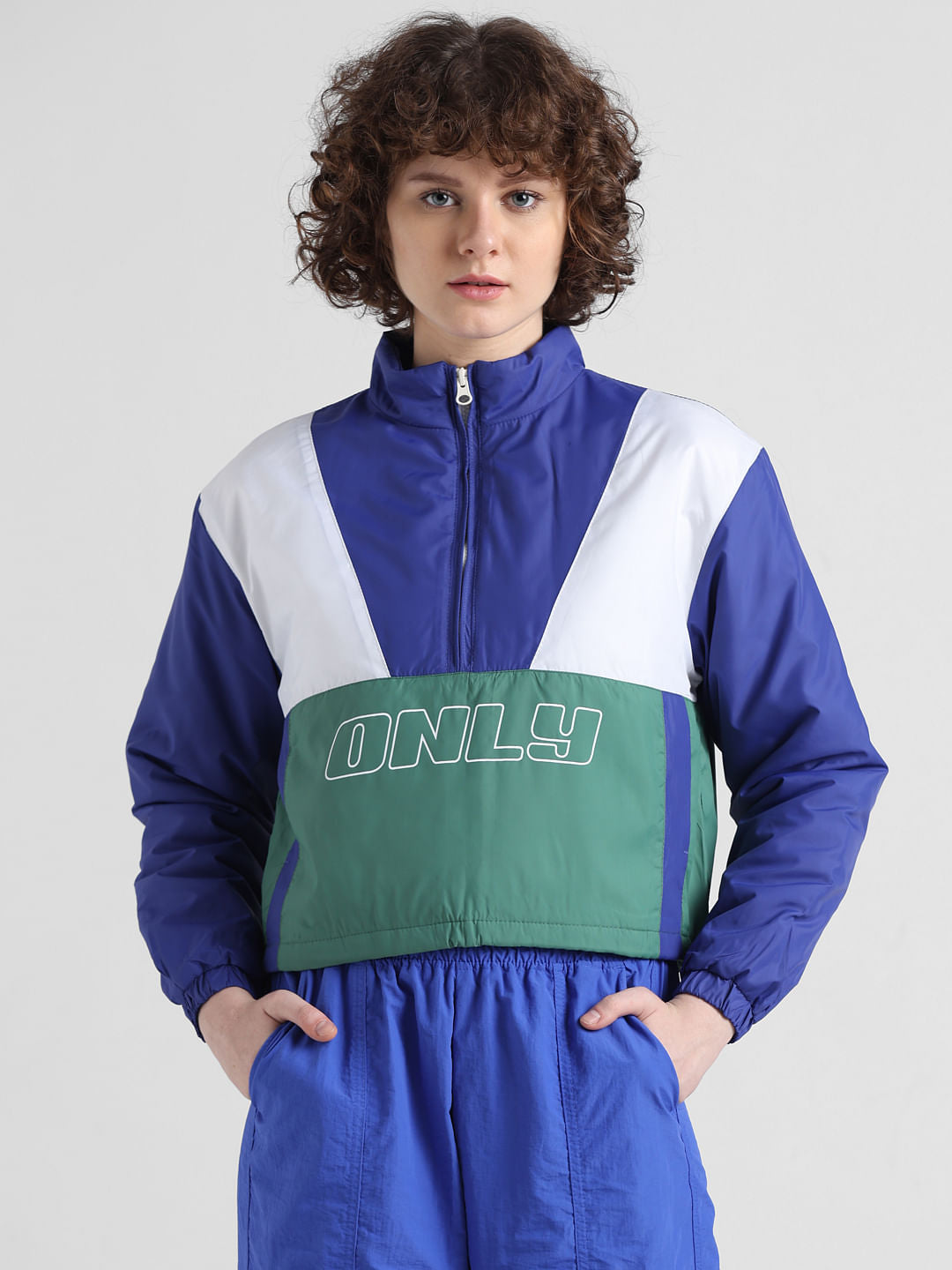 Blue Colourblocked Bomber Jacket