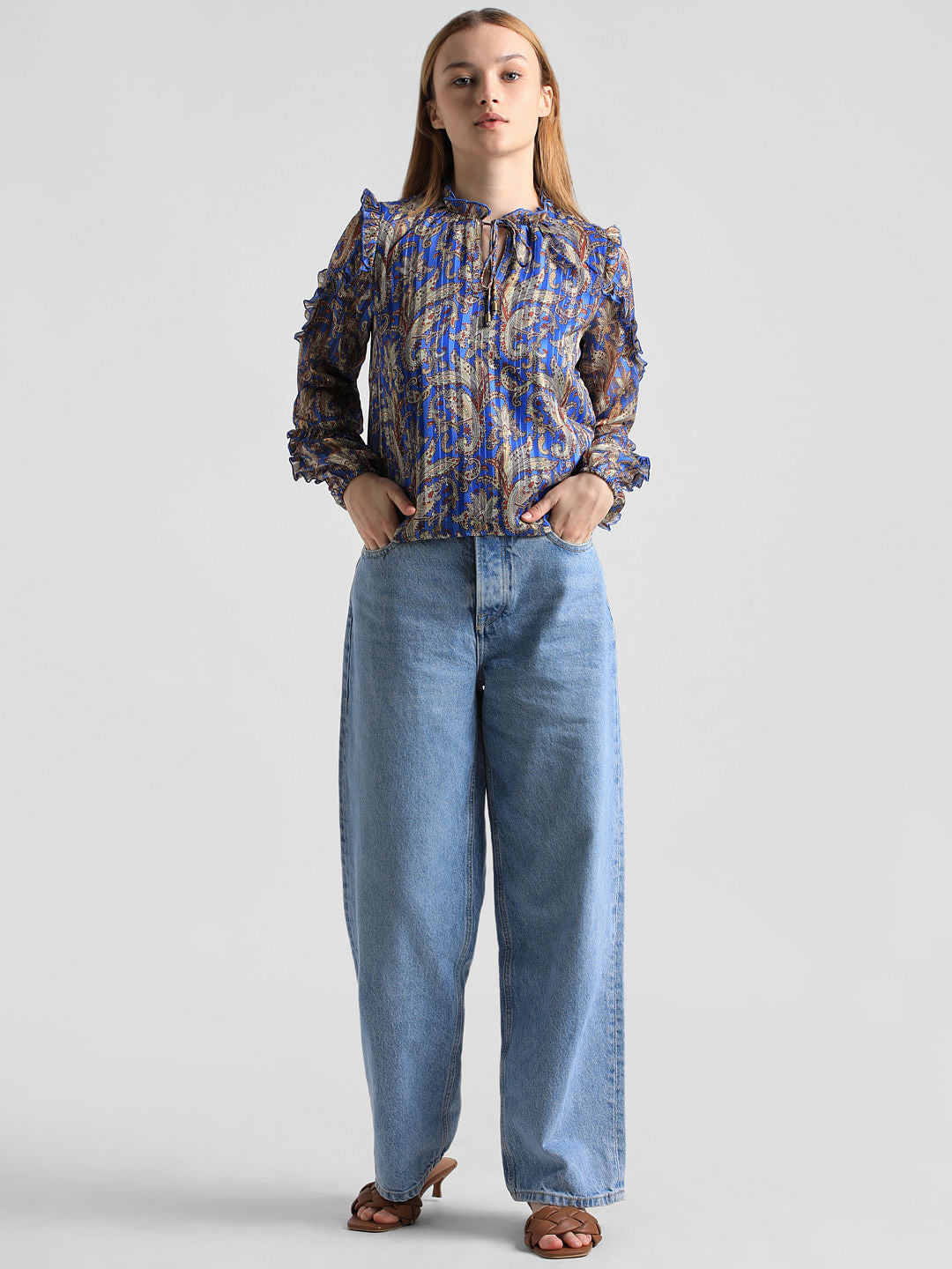 Blue Printed Frill Detail Top