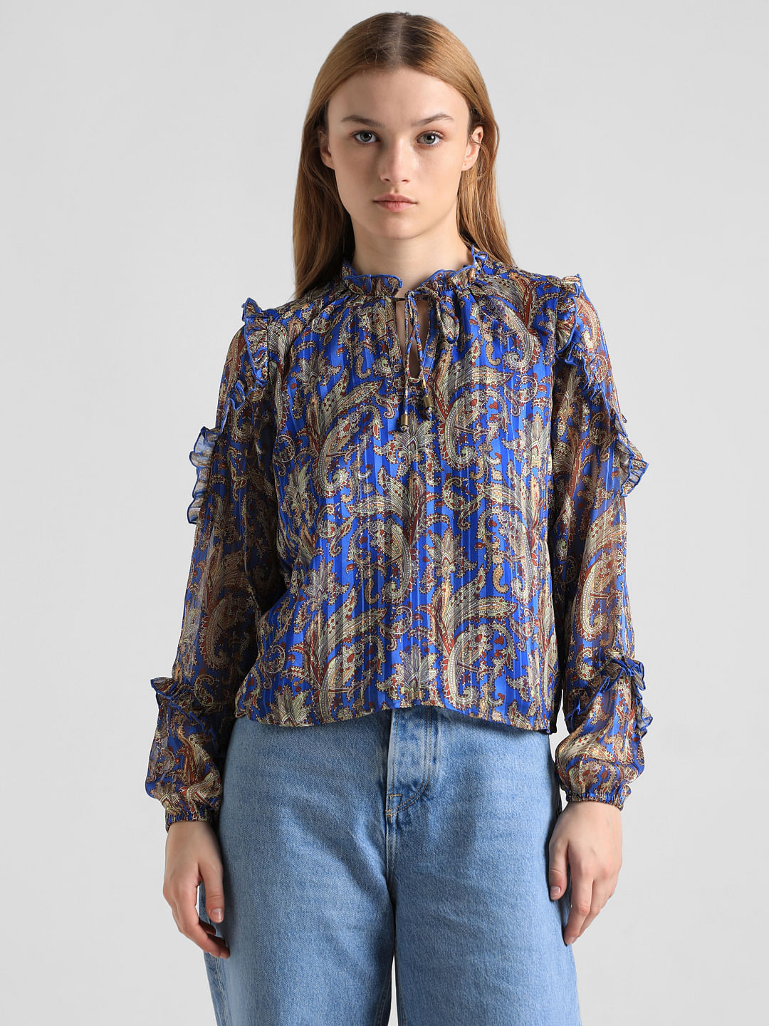 Blue Printed Frill Detail Top