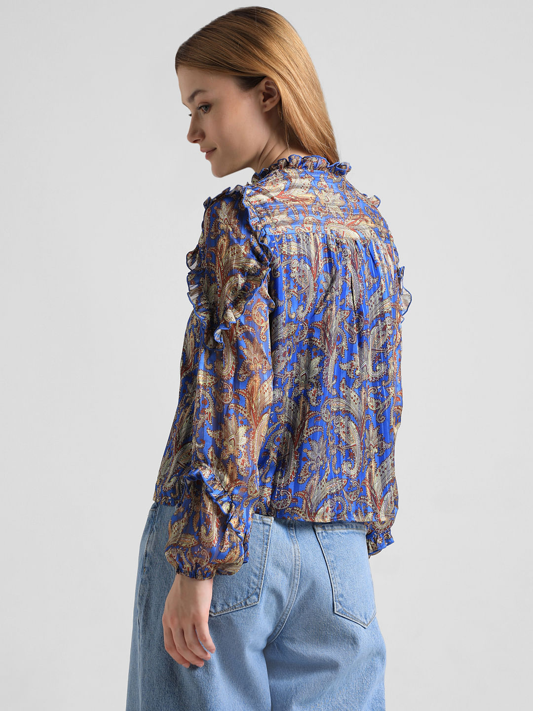 Blue Printed Frill Detail Top