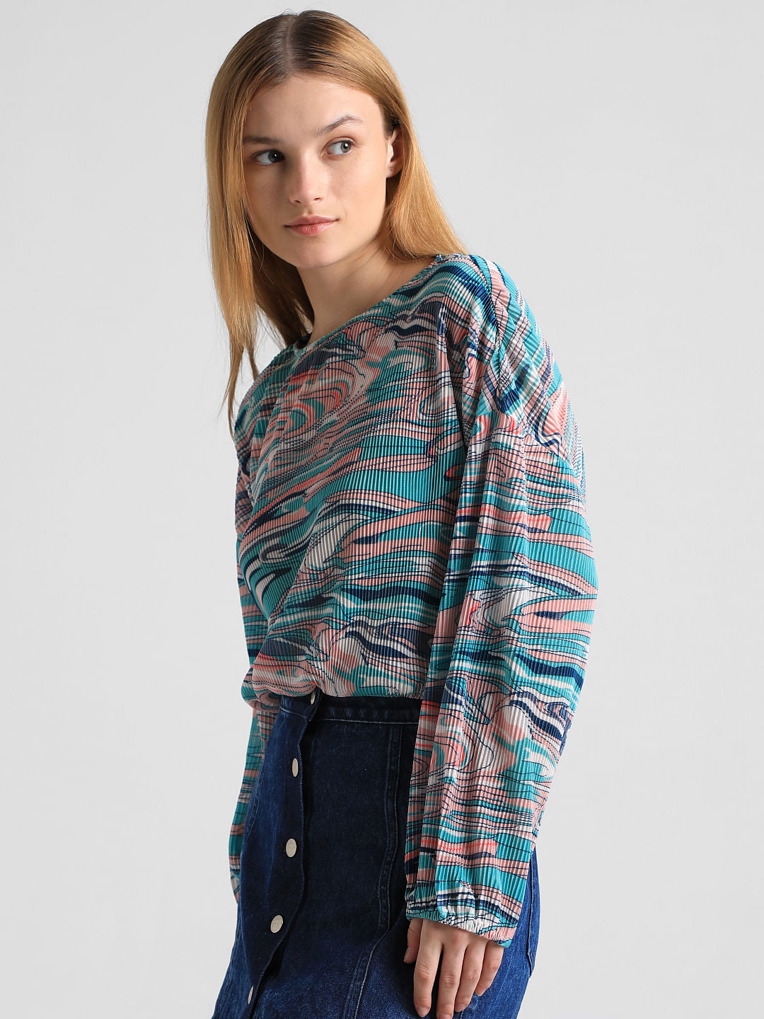 Green Printed Pleated Top