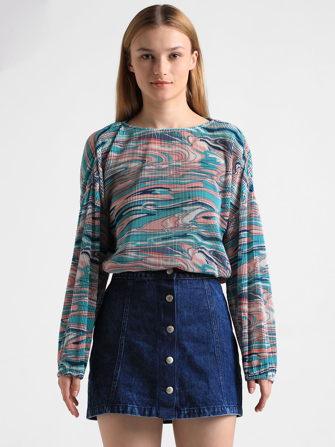 Green Printed Pleated Top
