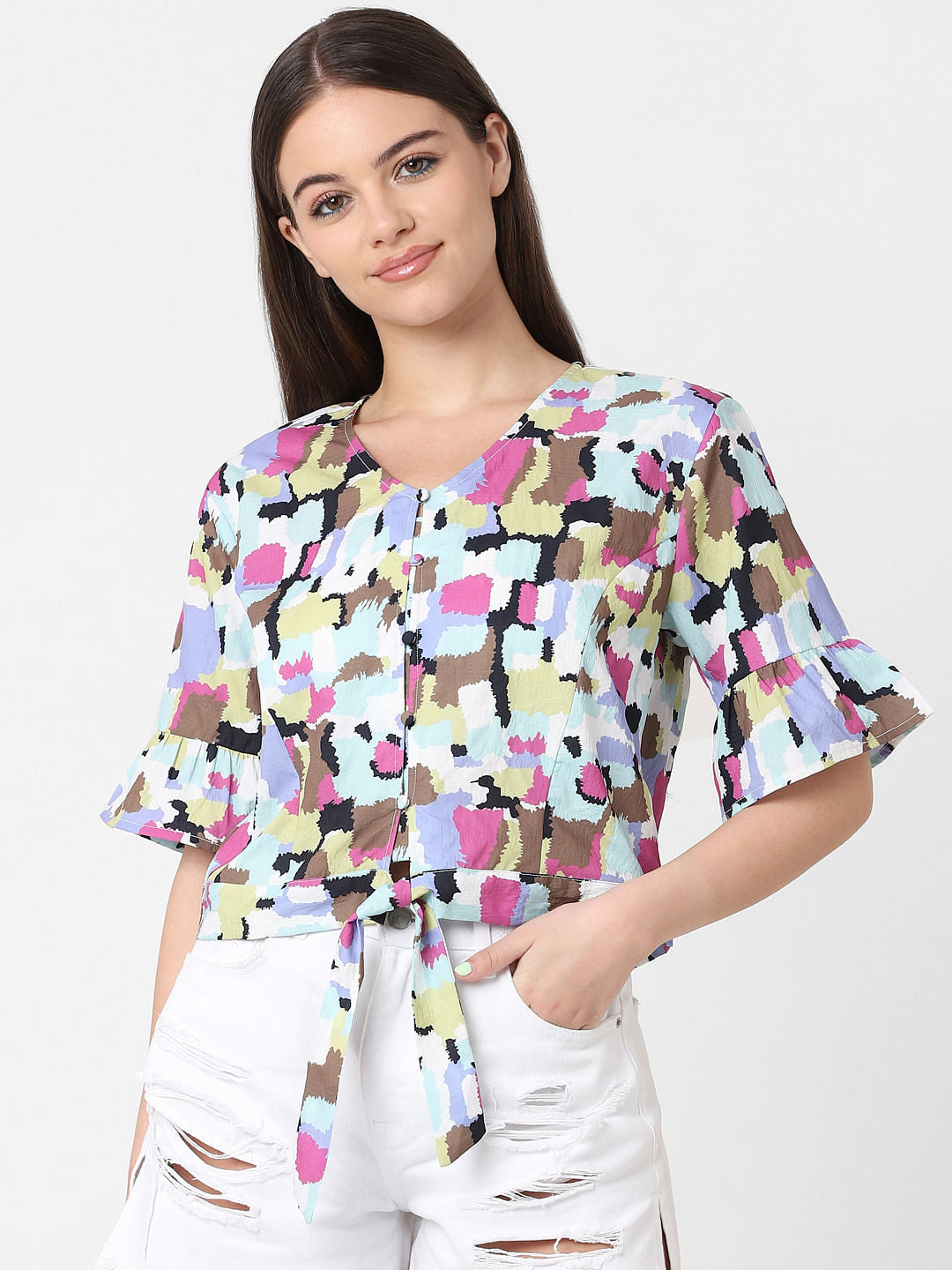 White Printed Front Tie Top