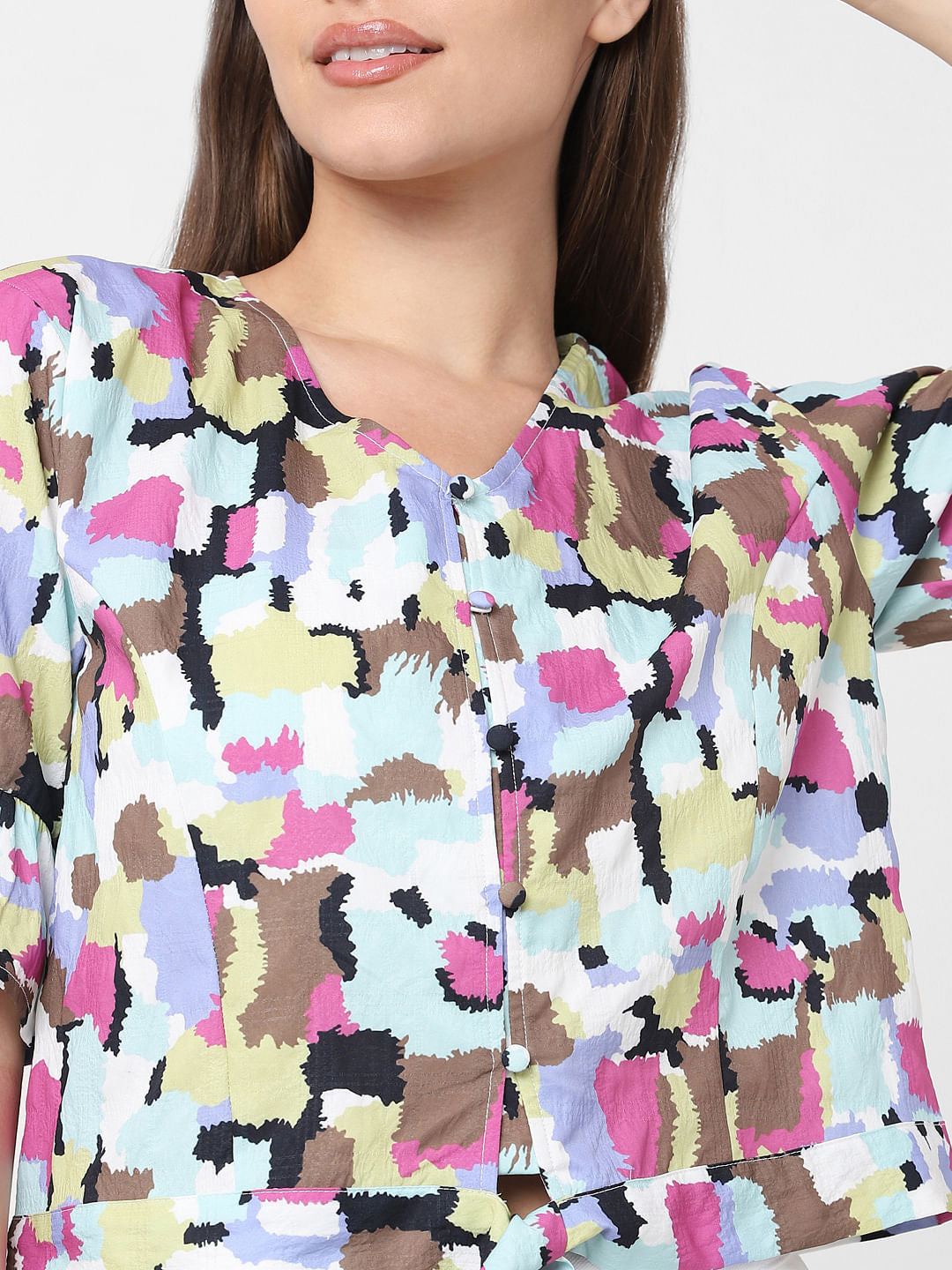 White Printed Front Tie Top