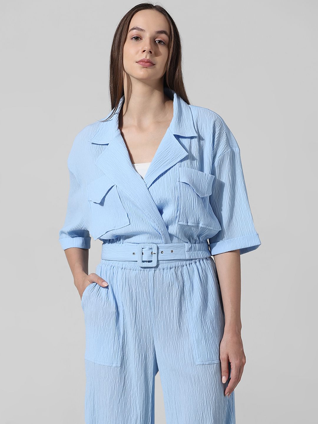 Blue Crinkle Weave Co-Ord Set Shirt