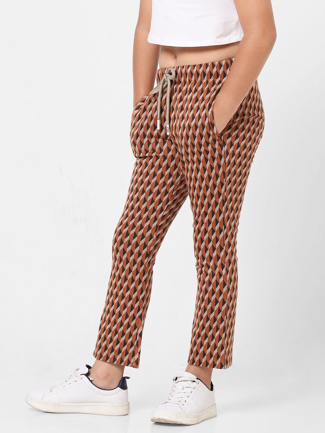 Brown Mid Rise Printed Flared Pants