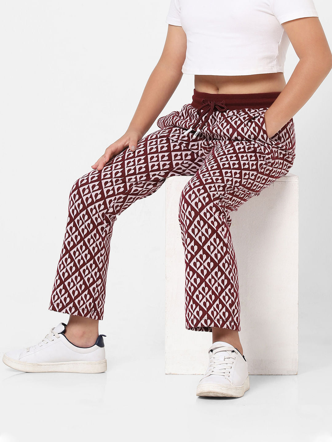 Maroon Mid Rise Printed Wide Leg Pants