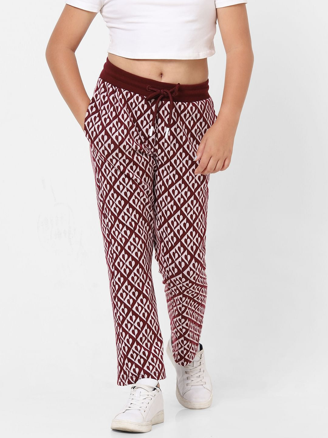 Maroon Mid Rise Printed Wide Leg Pants
