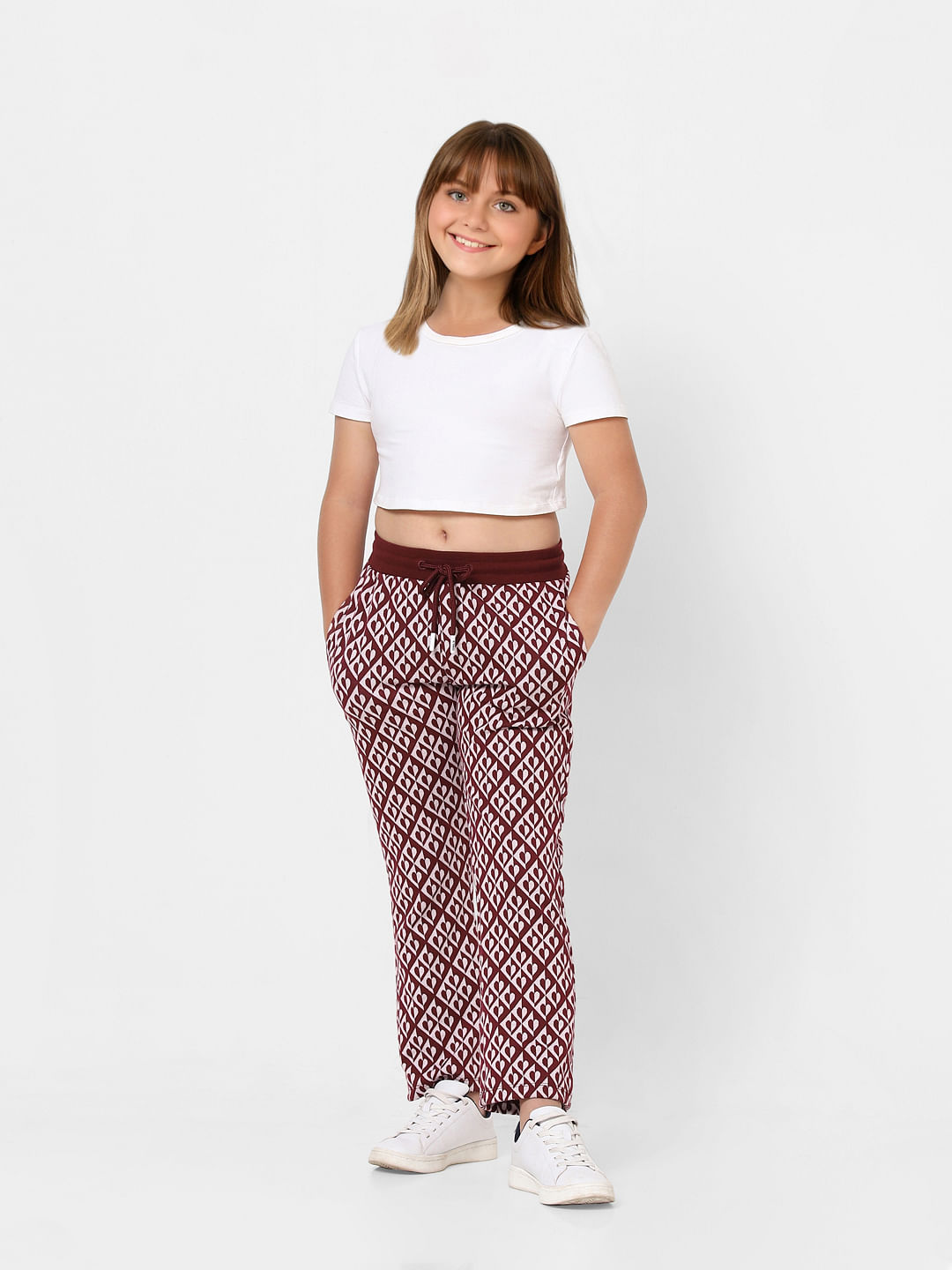 Maroon Mid Rise Printed Wide Leg Pants