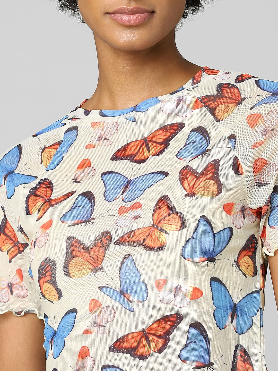 Beige Butterfly Print Mesh Top