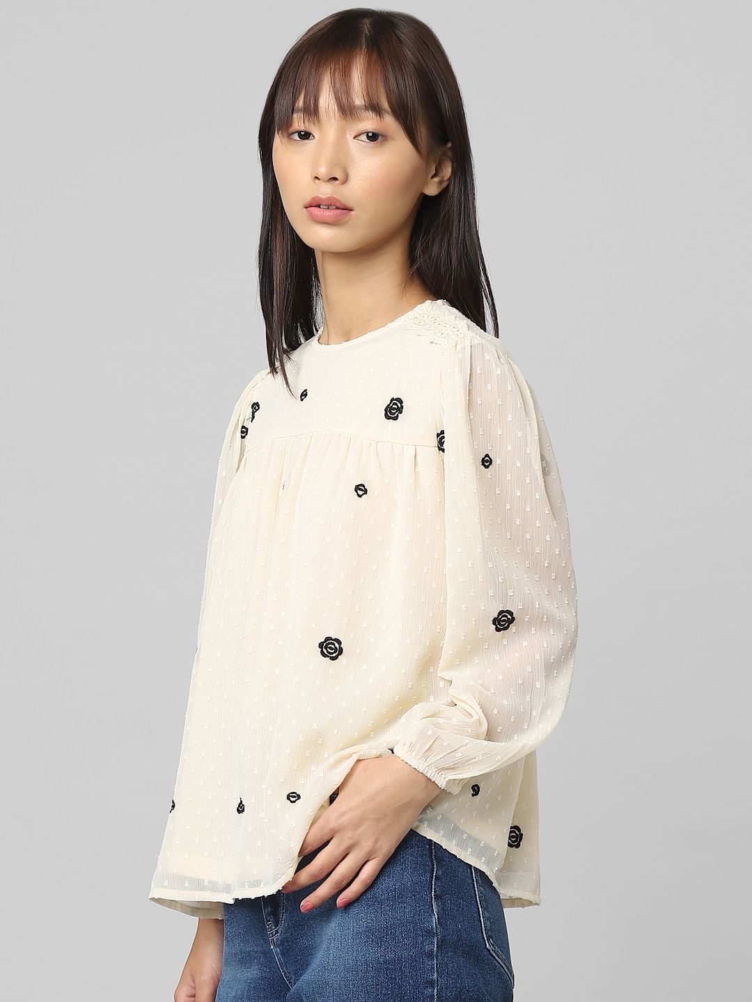 Beige Embroidered Chiffon Top