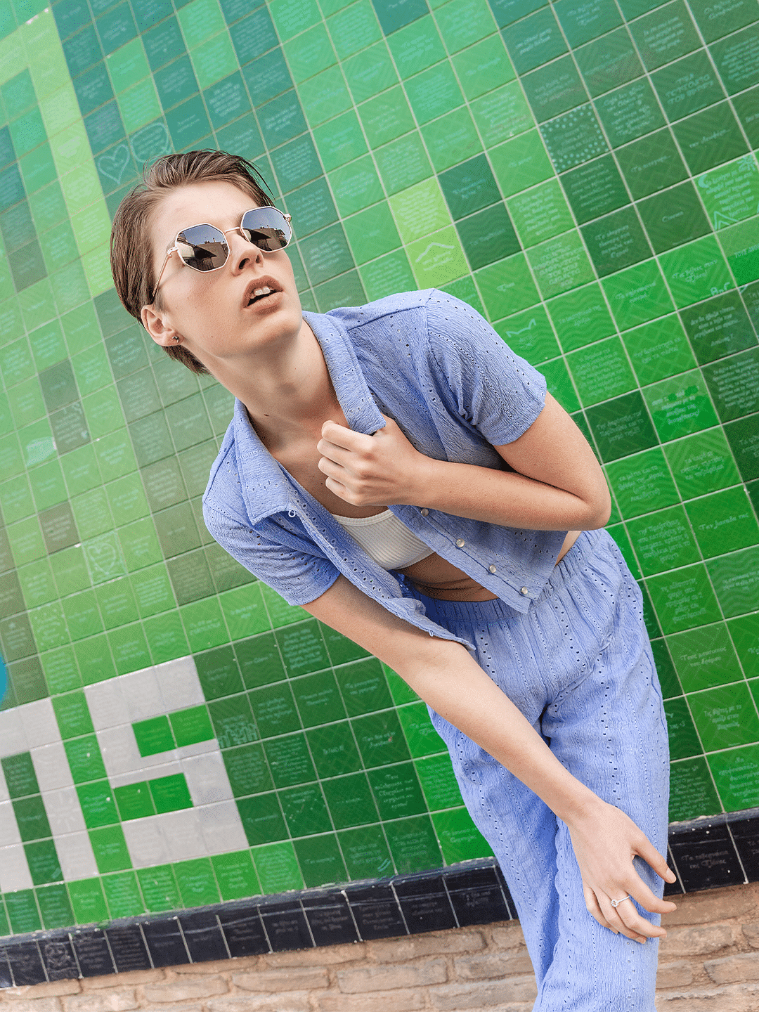 Blue Crinkled Pointelle Co-Ord Set Top