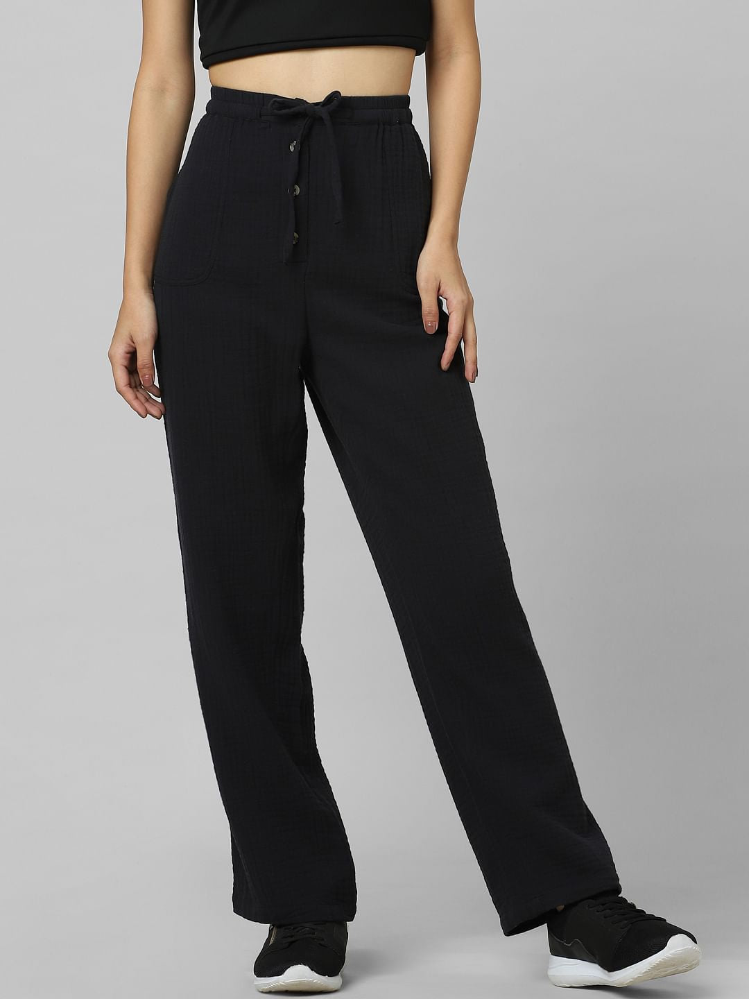 Black High Rise Textured Cotton Pants