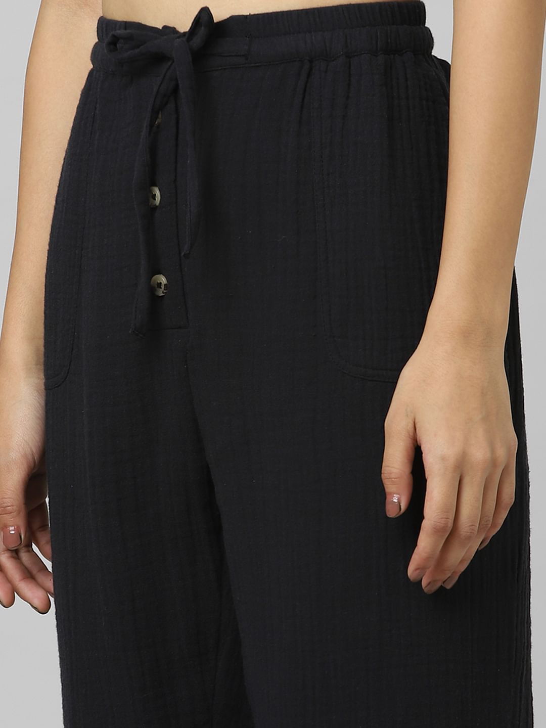 Black High Rise Textured Cotton Pants