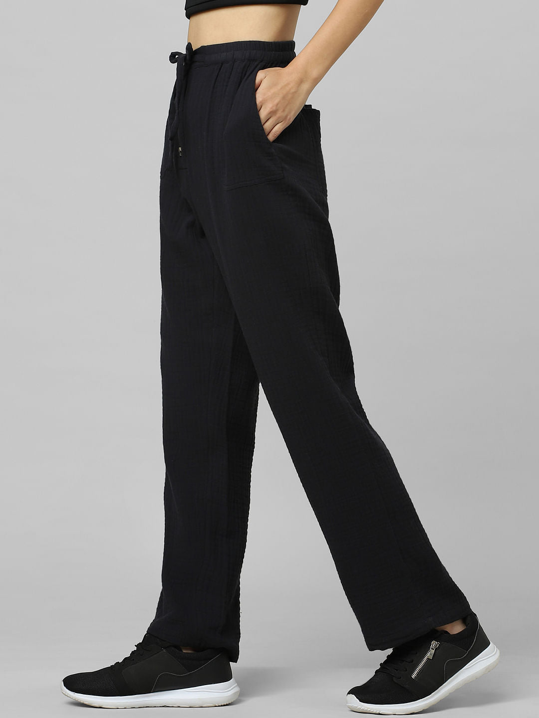 Black High Rise Textured Cotton Pants