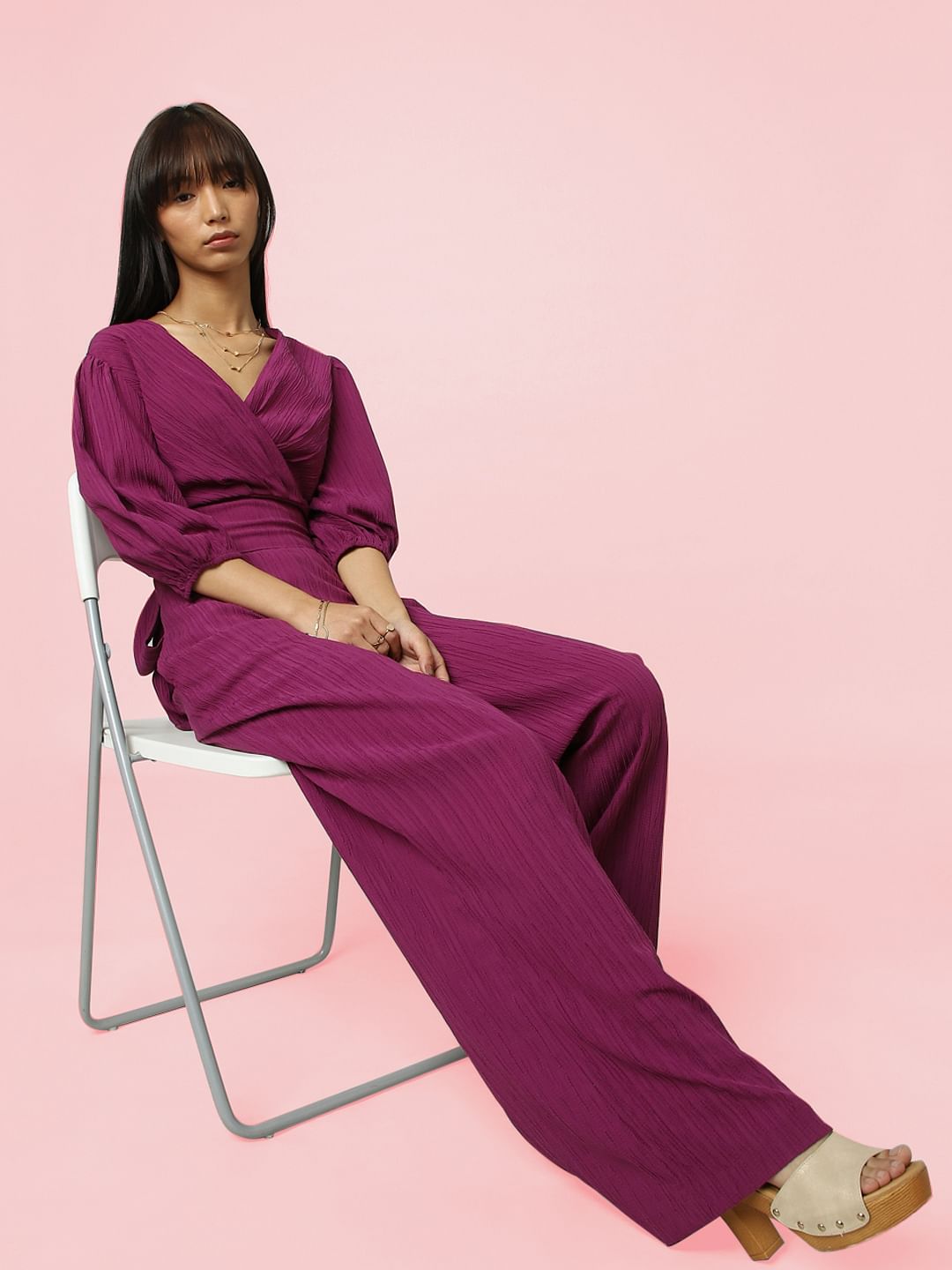 Purple High Rise Textured Wide Leg Pants