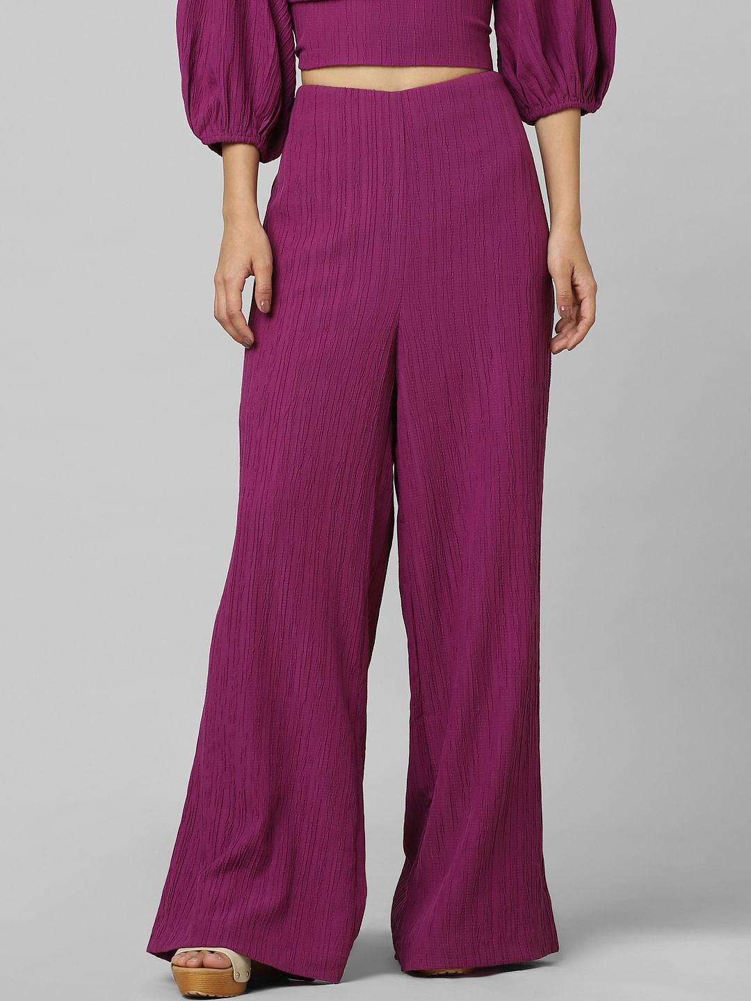 Purple High Rise Textured Wide Leg Pants