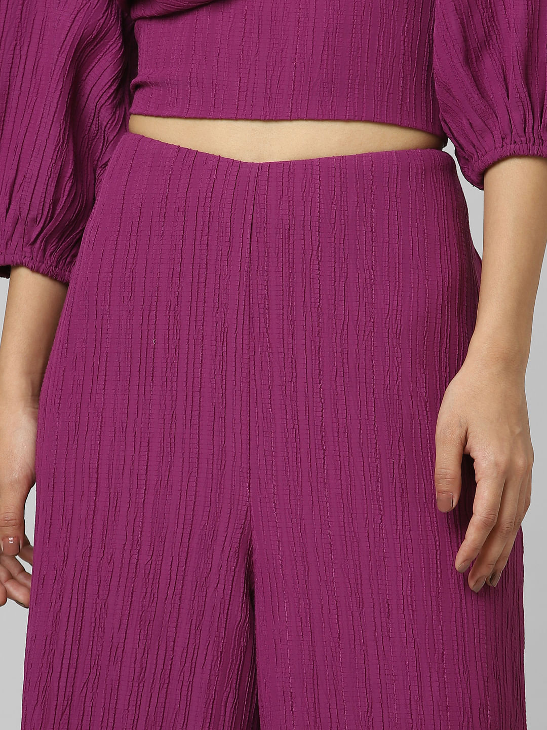 Purple High Rise Textured Wide Leg Pants