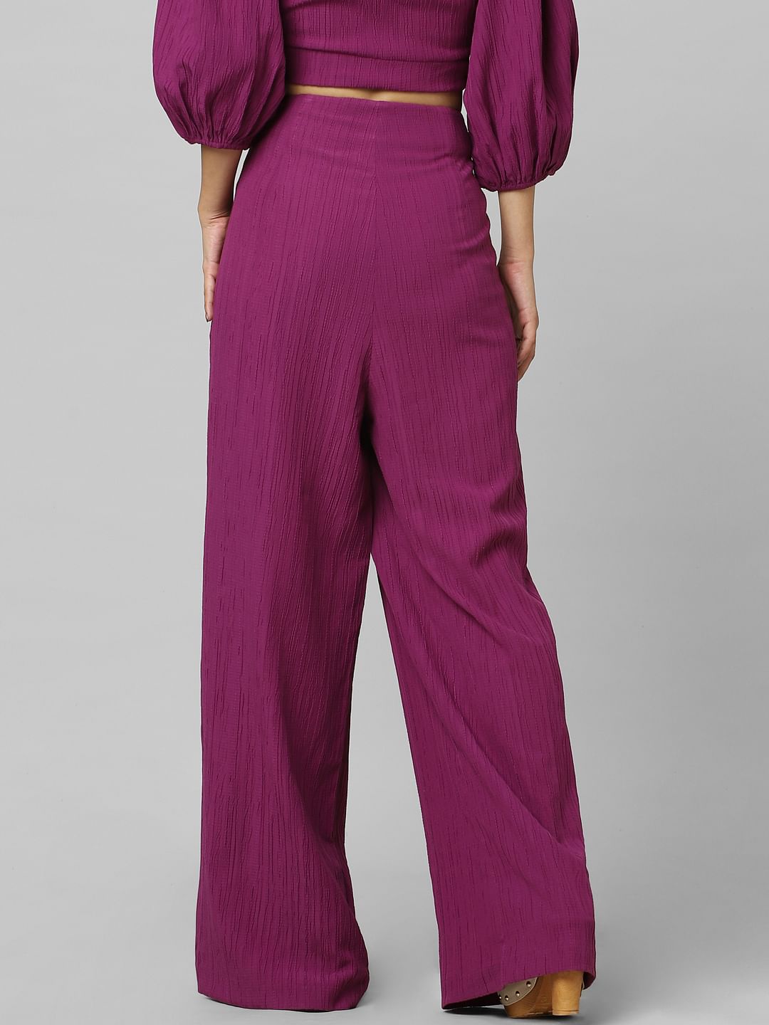Purple High Rise Textured Wide Leg Pants