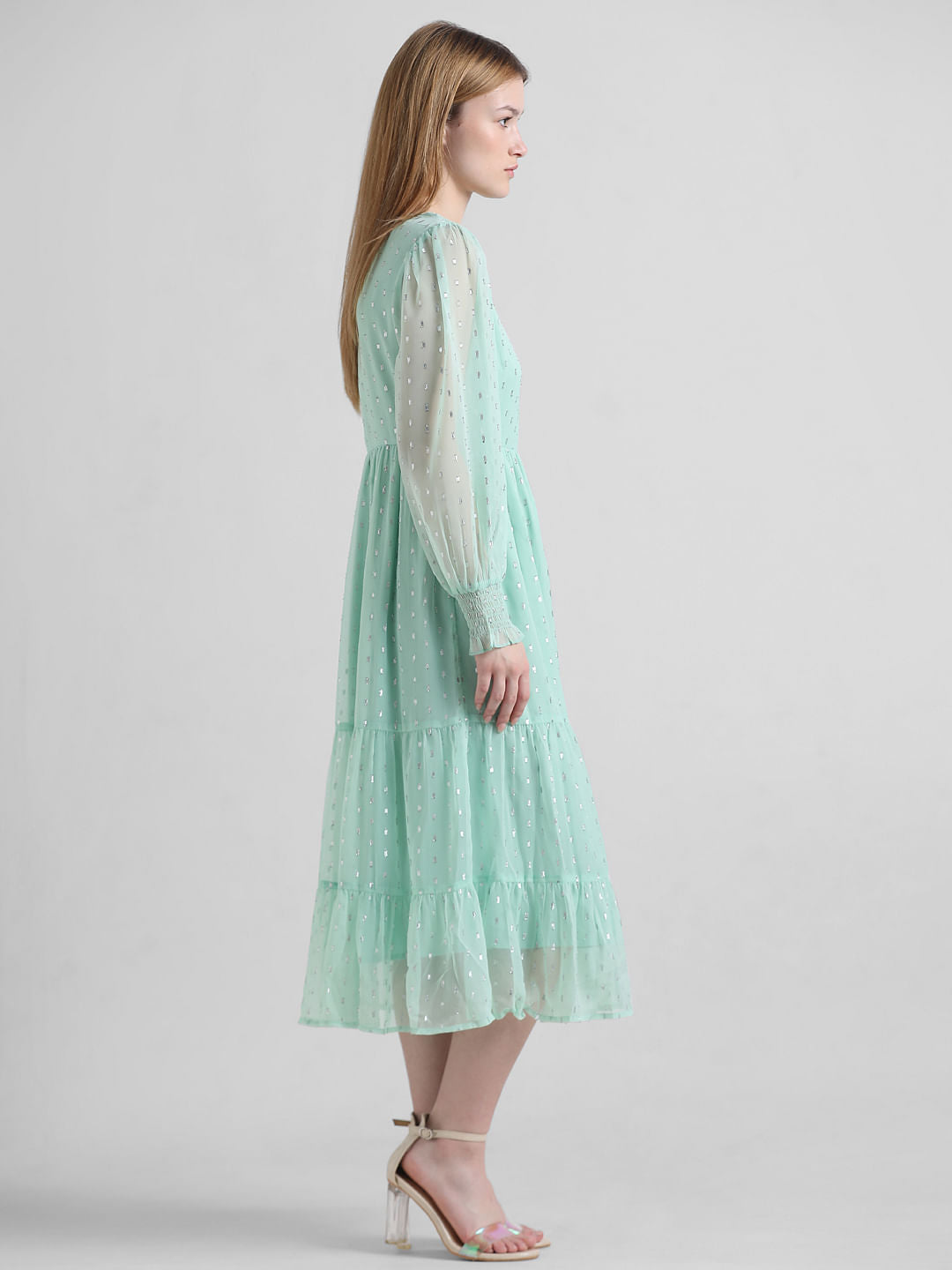 Green Shimmer Tiered Midi Dress