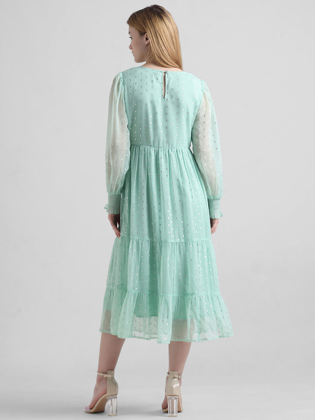 Green Shimmer Tiered Midi Dress