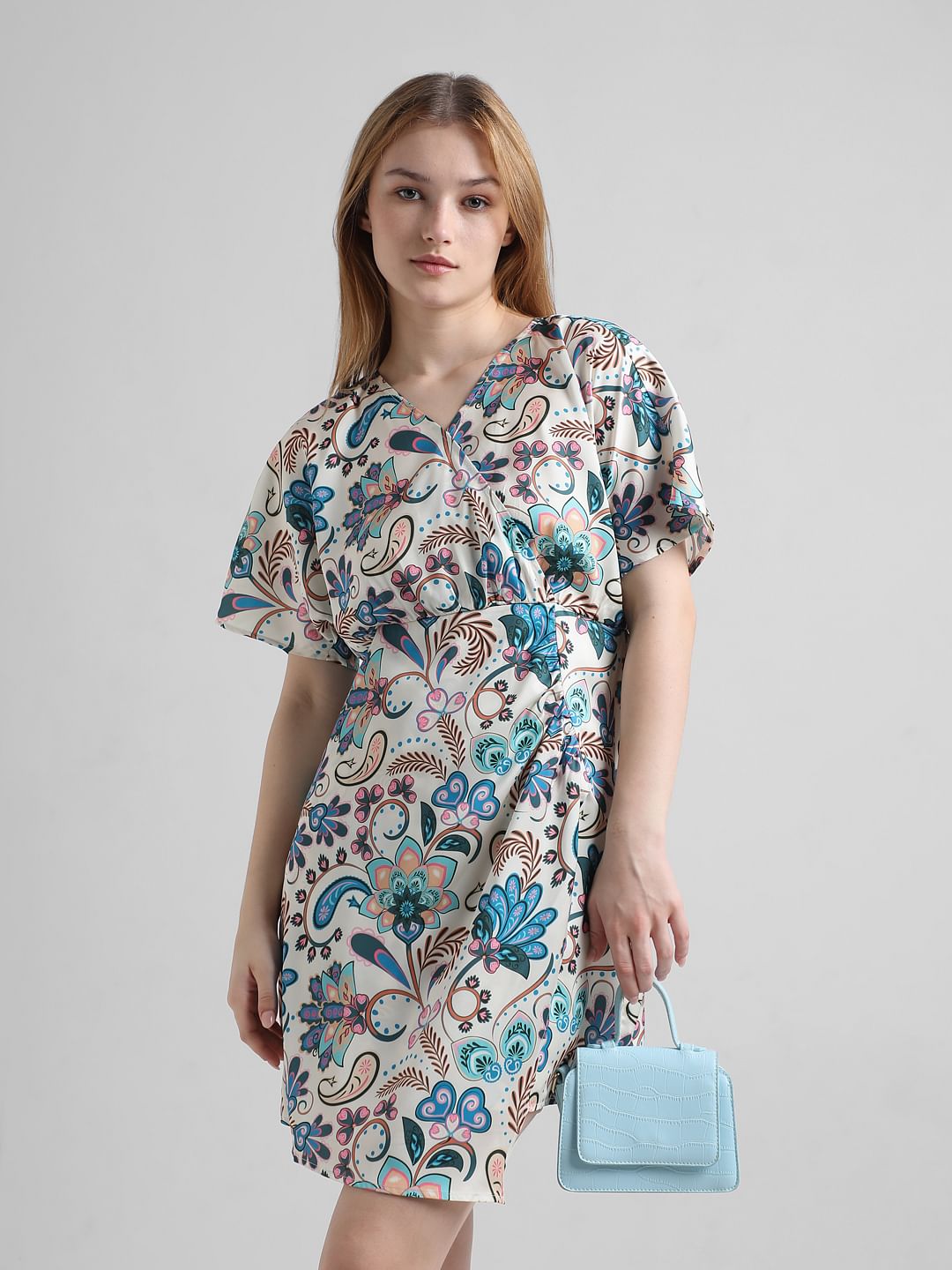 Beige Floral Wrap Over Satin Dress