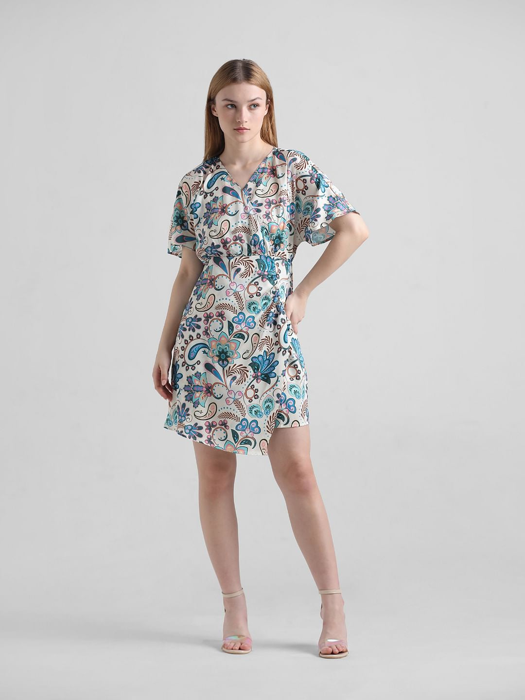 Beige Floral Wrap Over Satin Dress