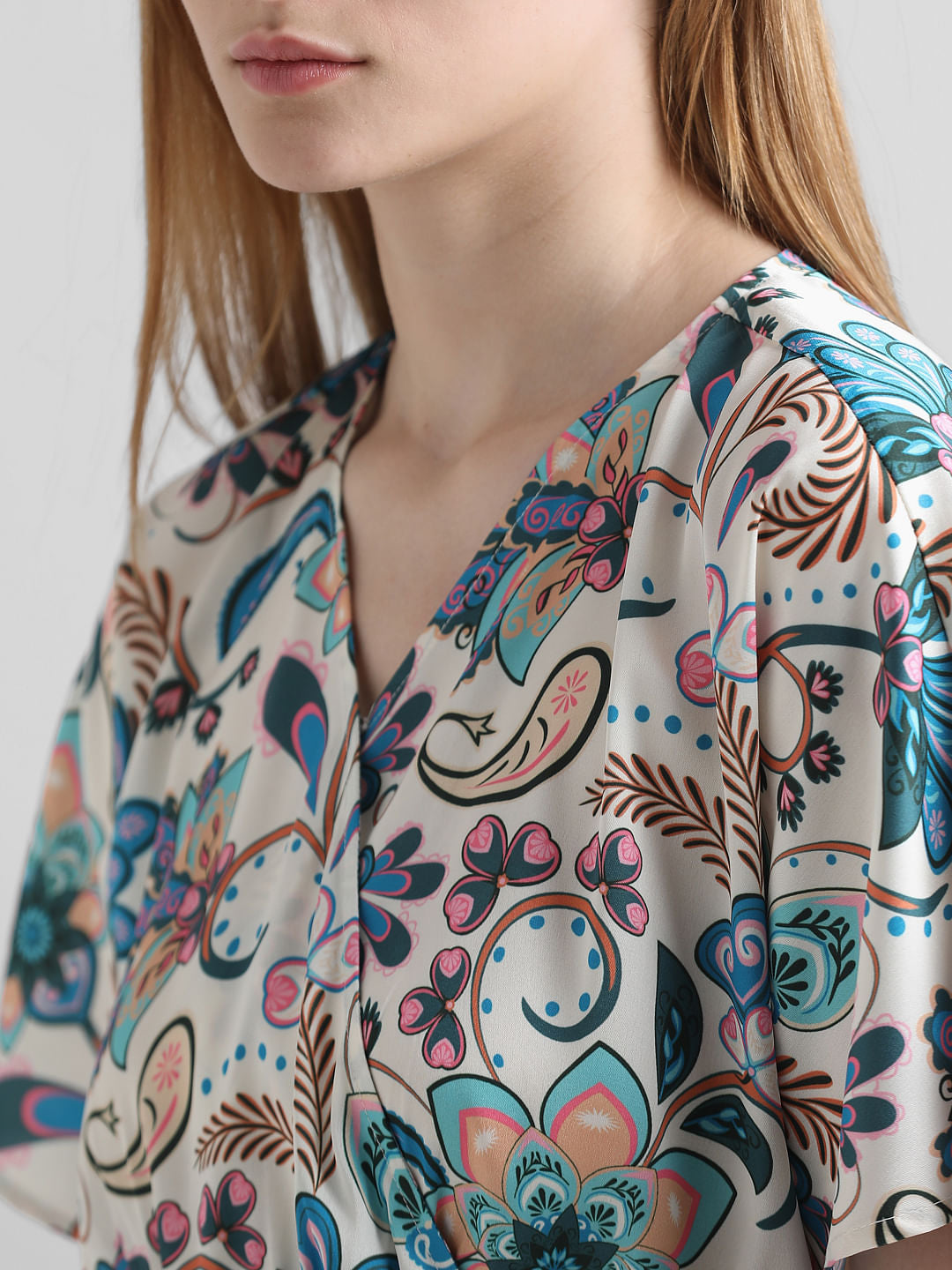 Beige Floral Wrap Over Satin Dress